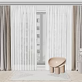 Beige Curtains And White Sheer Drapes With Accent Chair Side Table And Rug In Room