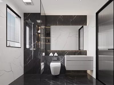 Modern Bathroom Interior With Black White Marble And Contemporary Fixtures 3d model