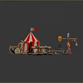 Cartoon Circus Scene Featuring Red White Striped Tent Characters Wooden Cart Barrels And Campfire