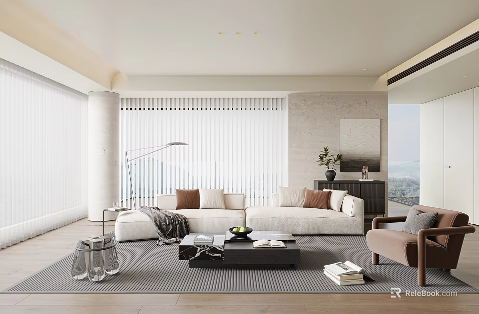 Elegant Modern Living Room Interior With White Sofa Brown Cushions Black Coffee Table And White Blinds 3d model 