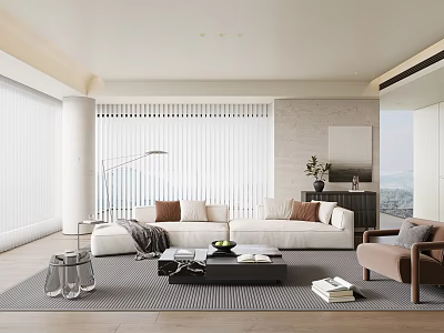 Elegant Modern Living Room Interior With White Sofa Brown Cushions Black Coffee Table And White Blinds 3d model