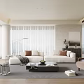 Elegant Modern Living Room Interior With White Sofa Brown Cushions Black Coffee Table And White Blinds