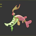 Stylized 3D Decorative Creature With Green Leafy Appendages Pink Fins And White Body