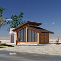 Two Small Buildings With Modern And Traditional Styles And Pedestrians Near Trees On Paved Ground