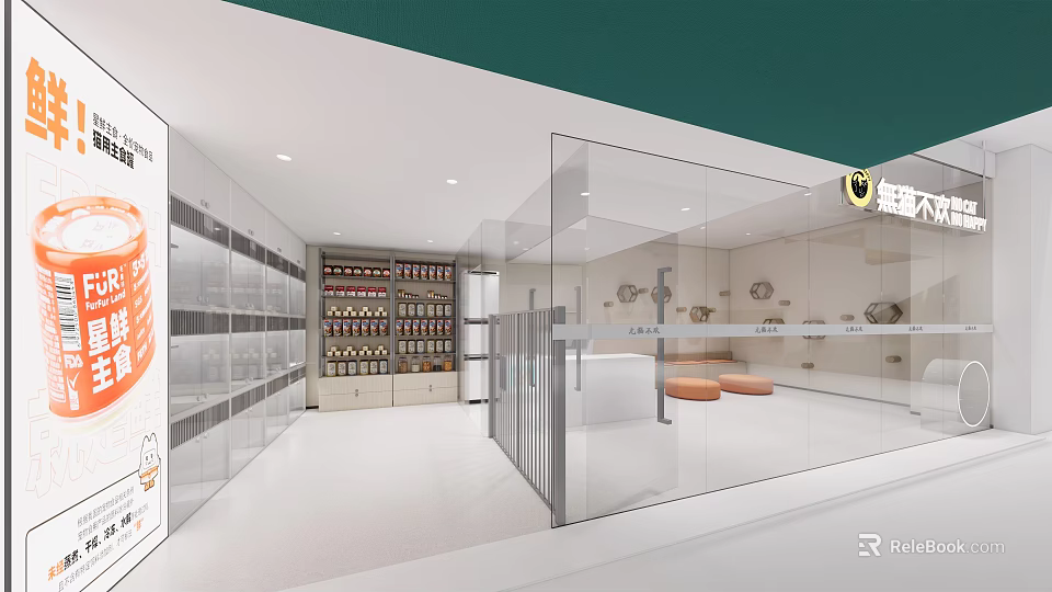 Modern Bright Cafe Interior With Glass Partition Orange Seats And Shelves With Bottles 3d model 