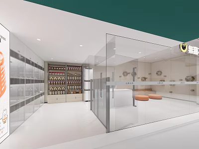 Modern Bright Cafe Interior With Glass Partition Orange Seats And Shelves With Bottles 3d model