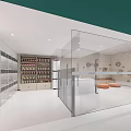 Modern Bright Cafe Interior With Glass Partition Orange Seats And Shelves With Bottles
