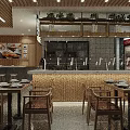 Modern Restaurant Interior With Wooden Ceiling Linear Lights Dining Tables Counter And Green Plants