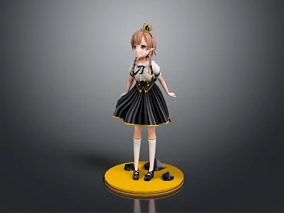 Anime Girl With Brown Hair Golden Crown White Blouse Black Pleated Skirt On Yellow Base 3d model