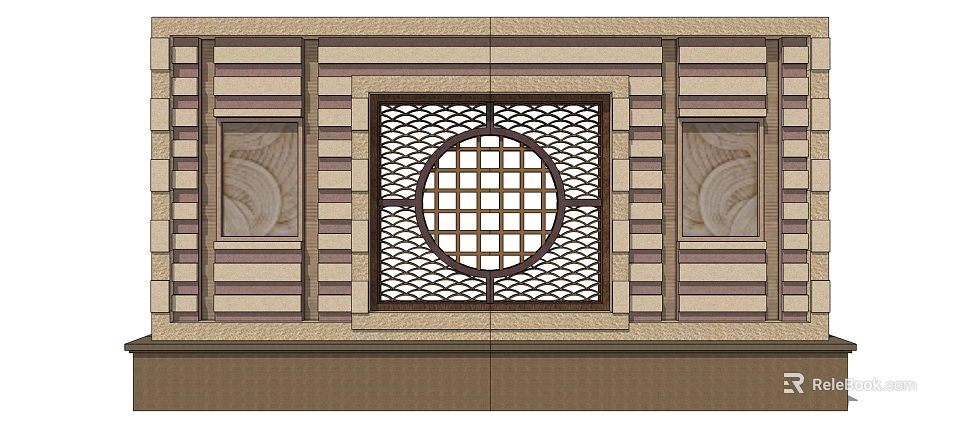 Traditional Chinese Feature Wall With Circular Lattice Window And Striped Stone Decorations 3d model 