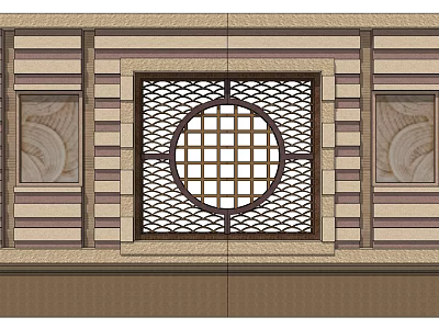 Traditional Chinese Feature Wall With Circular Lattice Window And Striped Stone Decorations 3d model
