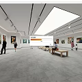 Modern Exhibition Hall With Art Paintings On Walls Skylight Visitors And Benches