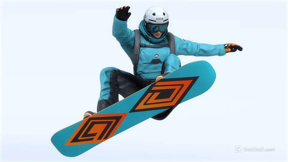 A Man Snowboarding Trick In Blue Suit White Helmet On Blue Board With Orange Patterns 3d model 