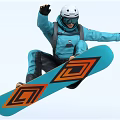 A Man Snowboarding Trick In Blue Suit White Helmet On Blue Board With Orange Patterns