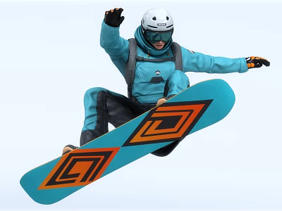 A Man Snowboarding Trick In Blue Suit White Helmet On Blue Board With Orange Patterns 3d model