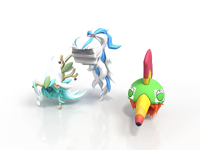 Vibrant Colorful Cartoon Character Figurines With Blue White Green Red Details 3d model