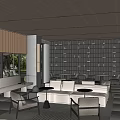 Elegant Sales Office Interior Design With Wooden Ceiling Large Windows Sofas Chairs And Coffee Tables