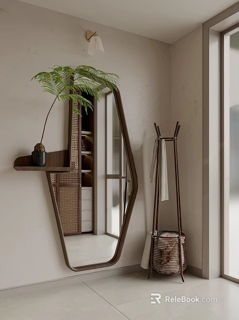 Modern Decorative Mirror with Wicker Shelf Potted Fern Plant and Clothes Rack in Minimalist Interior 3d model 