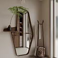 Modern Decorative Mirror with Wicker Shelf Potted Fern Plant and Clothes Rack in Minimalist Interior