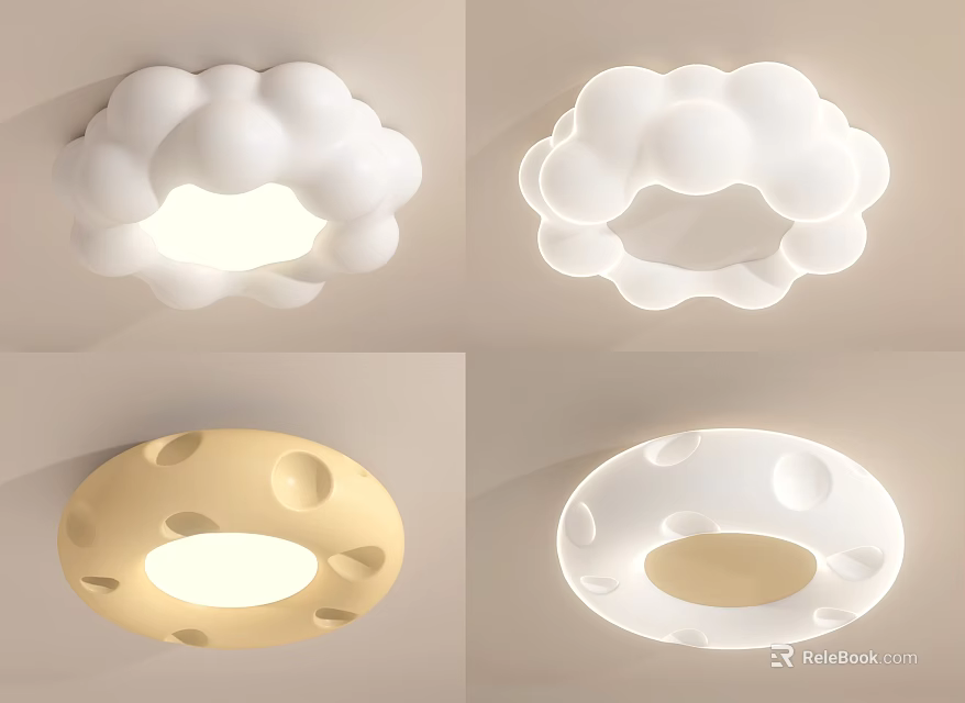 Cloud and Moon Shaped Ceiling Lights in White and Beige for Playful Kids Room Decor 3d model 