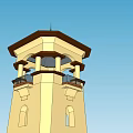 Two Story Yellow Tower With Upper Balcony Dark Roof And Spire