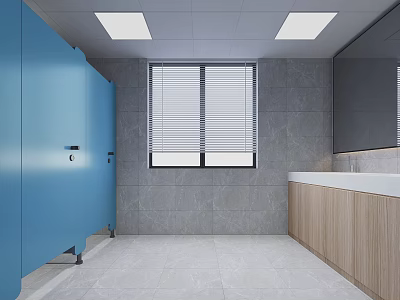 Public Restroom Interior Featuring Blue Cubicles Gray Tiled Walls Wooden Vanity And White Countertop 3d model