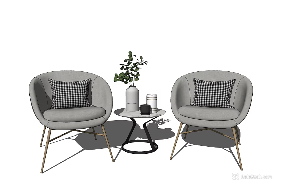 Gray Leisure Sofa Set with Checkered Cushions Gold Legs Coffee Table Vase and Green Plant 3d model 