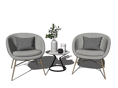 Gray Leisure Sofa Set with Checkered Cushions Gold Legs Coffee Table Vase and Green Plant 3d model