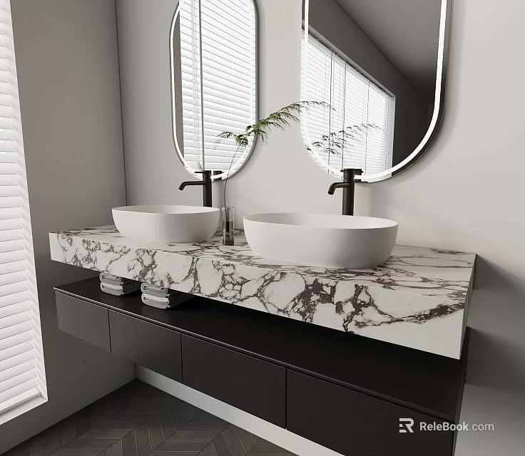 Modern Bathroom With Double White Sinks Marble Countertop Black Cabinets And Round Mirrors 3d model 