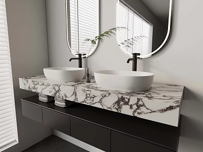 Modern Bathroom With Double White Sinks Marble Countertop Black Cabinets And Round Mirrors 3d model