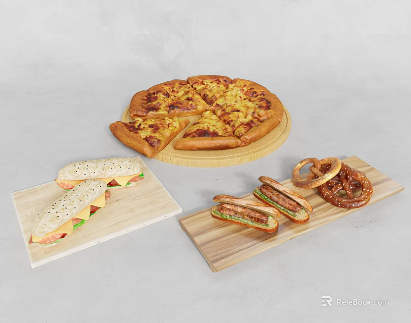 Cheesy Sliced Pizza Fresh Sandwiches And Soft Pretzels On Wooden Boards 3d model 