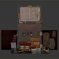 Vintage Living Supplies in Open Wooden Chest with Drawers Mortar Medicine Bottles and Papers