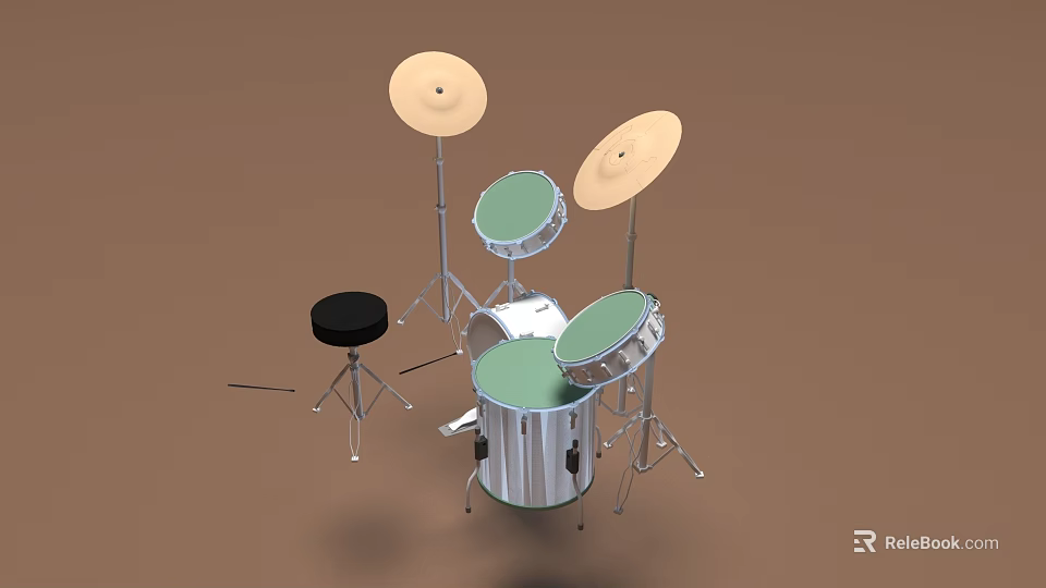 Musical Instruments Drum Set With Cymbals Stool And Green White Drums 3d model