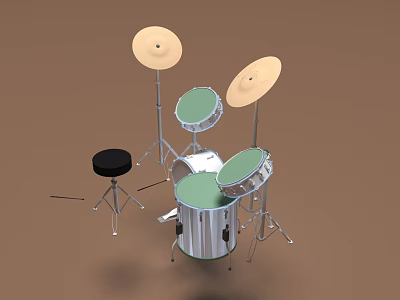 Musical Instruments Drum Set With Cymbals Stool And Green White Drums 3d model