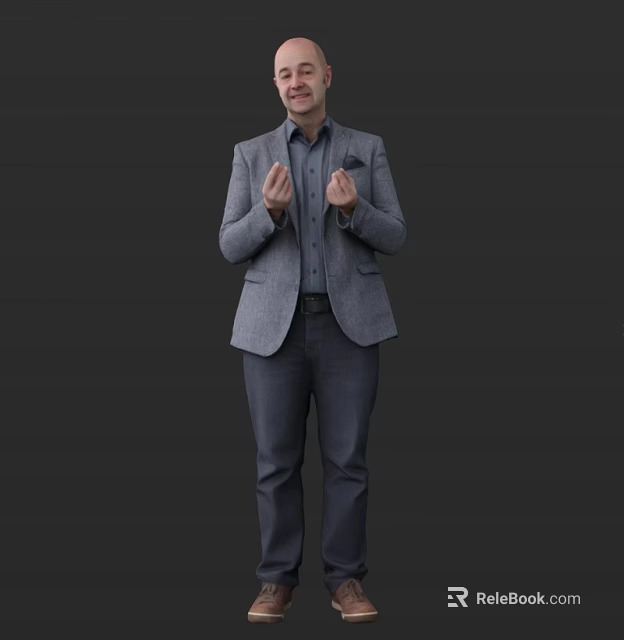 Man Wearing Gray Blazer and Shirt Gesturing with Hands Against Dark Background 3d model 
