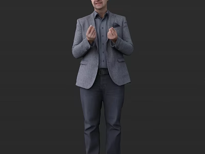 Man Wearing Gray Blazer and Shirt Gesturing with Hands Against Dark Background 3d model