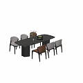 Modern Dining Table And Chairs Set With Black Marble Tabletop Green Plants And Fruits