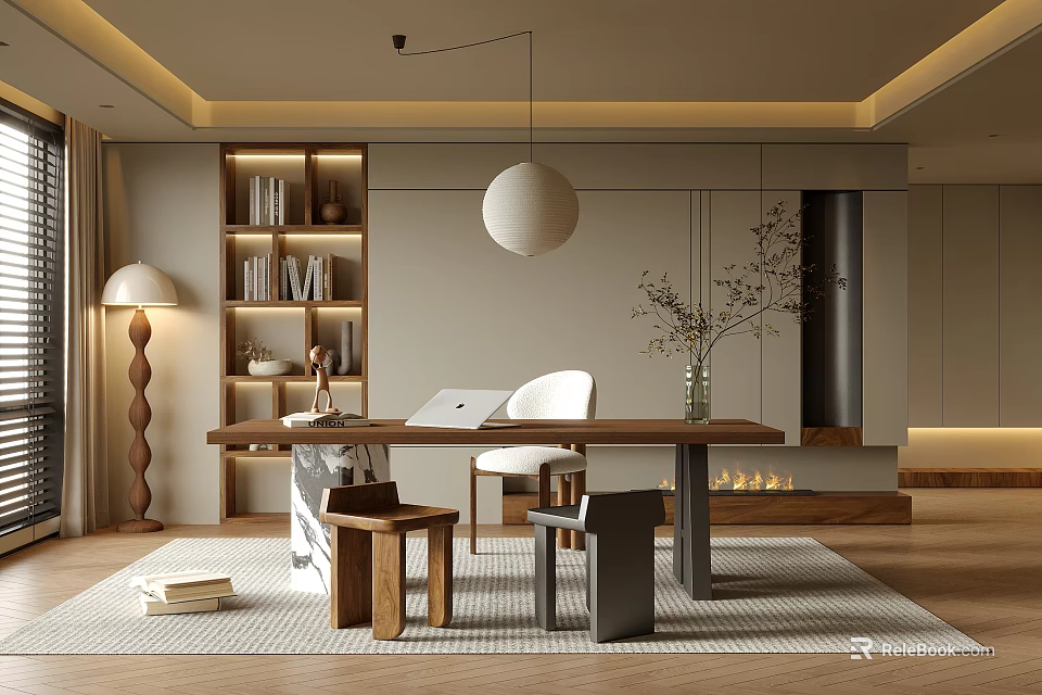 Modern Study Room Interior Design With Wooden Bookshelf Round Pendant Lamp Desk Chair And Fireplace 3d model 