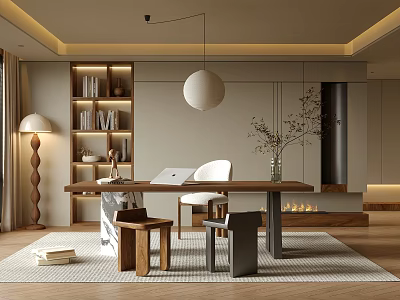 Modern Study Room Interior Design With Wooden Bookshelf Round Pendant Lamp Desk Chair And Fireplace 3d model