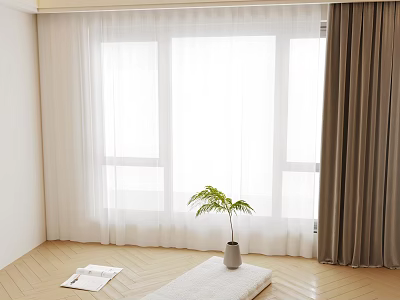 White Sheer And Brown Curtains In Bright Window Interior With Plant And Wooden Floor 3d model