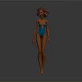 3D Female Model Wearing Blue Bodysuit With Curly Hair And Necklace
