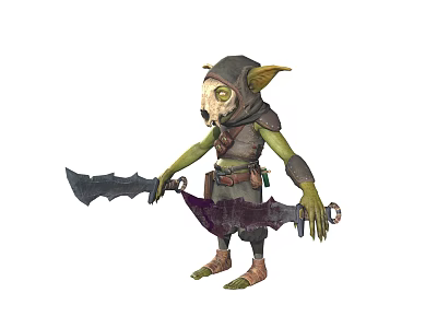 Game Movie Character Green Skinned Hooded Goblin With Large Battle Axe And Tattered Clothing 3d model
