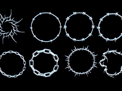 Ornate Silver Jewelry Circular Hoops Featuring Spiked Chain And Radiant Spike Elements 3d model