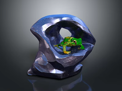 Green Frog Sitting In Blue Stone Sculpture With Hollow Center And Artistic Design 3d model