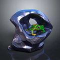 Green Frog Sitting In Blue Stone Sculpture With Hollow Center And Artistic Design
