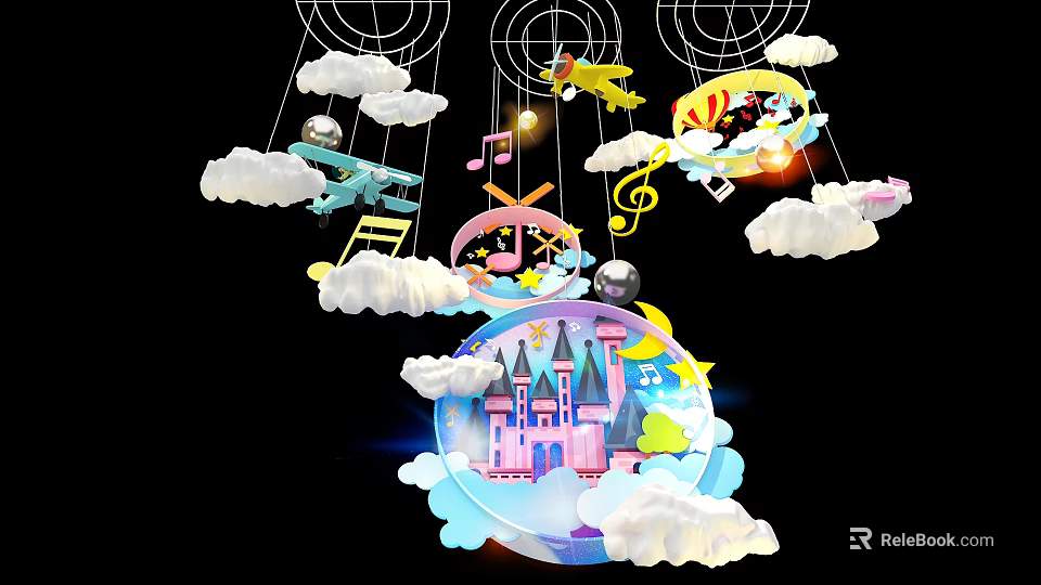 Colorful Kids Room Decor With Clouds Airplanes Music Notes Castle And Stars 3d model 