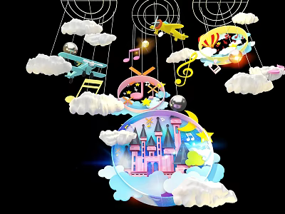 Colorful Kids Room Decor With Clouds Airplanes Music Notes Castle And Stars 3d model
