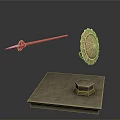Ancient Weapons Display Featuring Spear And Shield Floating Above Stone Platform With Small Structure 3d model