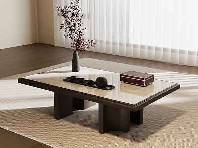 Minimalist Coffee Table On Beige Rug With Vase Black Tray And Brown Box 3d model