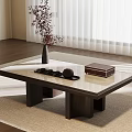 Minimalist Coffee Table On Beige Rug With Vase Black Tray And Brown Box